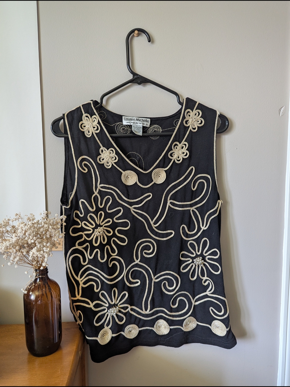 Lauren Michelle Black Tank Top with Cream Embroidered Floral Detail